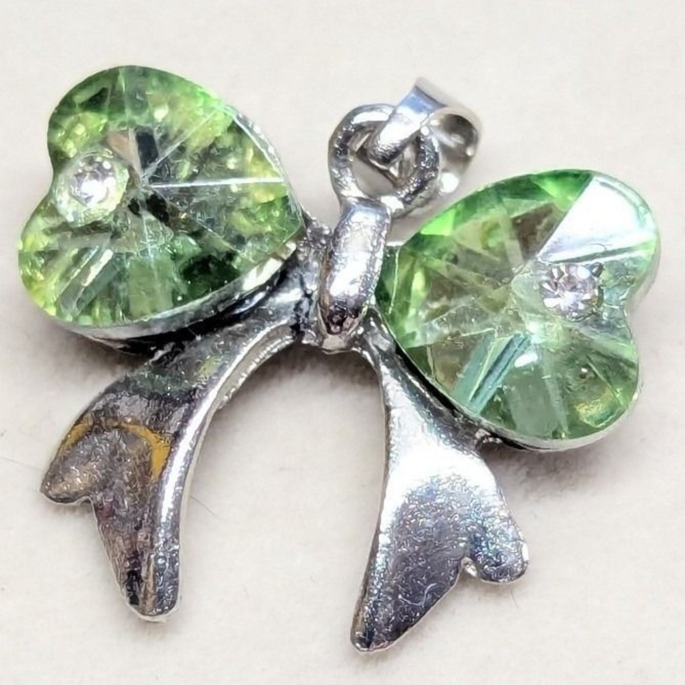 New Bow Heart Pendant Green Silver Tone Crystal‎ Charm Clear Rhinestone